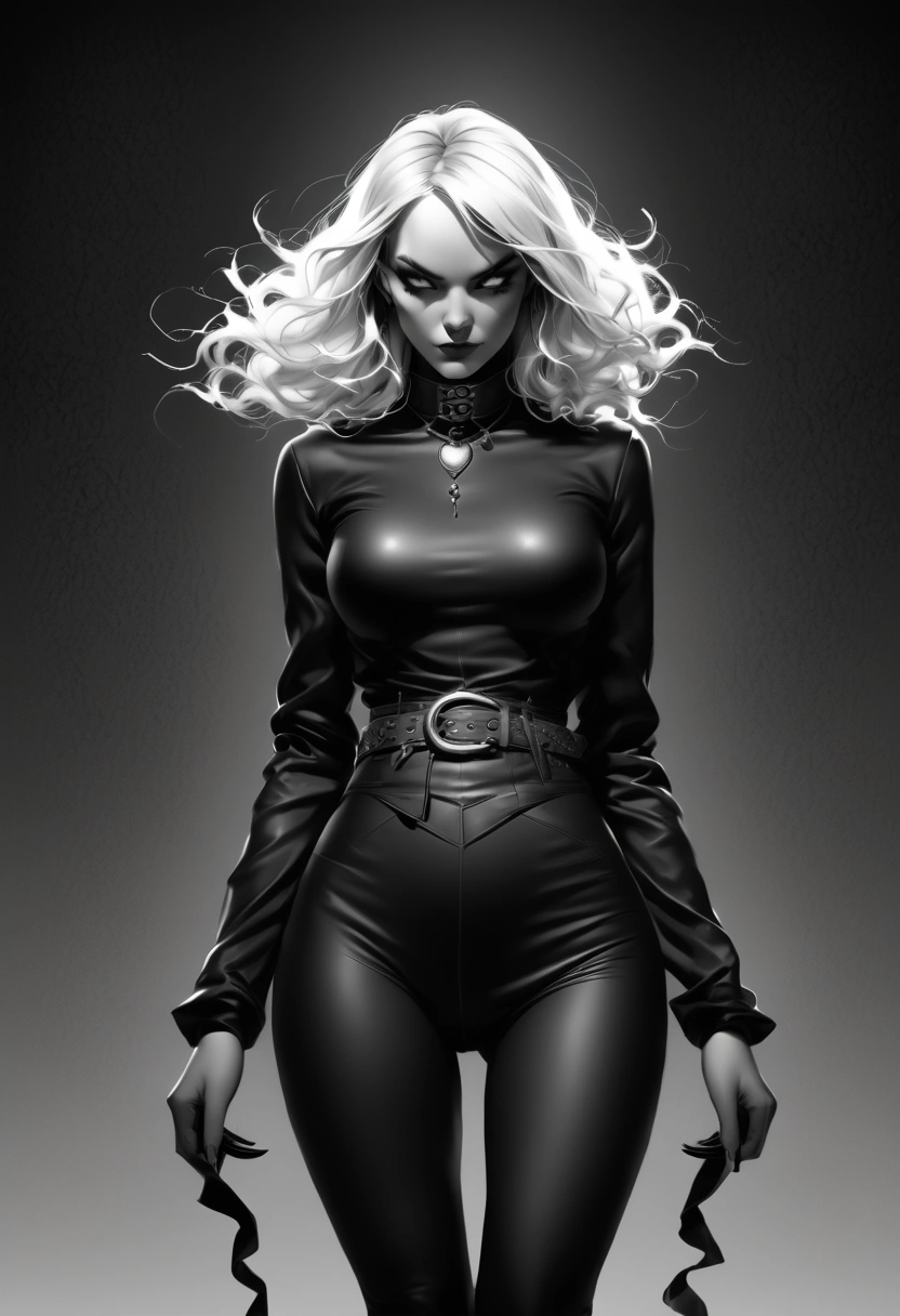 (Monochrome background 1:2) (ghost demoness), mask, cinematic, melancholic with white silver hair) A full-length woman stands straight, symmetrically, legs together, in tight tights, a huge belt at the waist (big beautiful eyes, (big-:1.5) thin legs, Thin body, necklace with leather collar, bottom view, wide hips), grinning smile face red blush red cheeks, (Hands (Clenching) on hips)