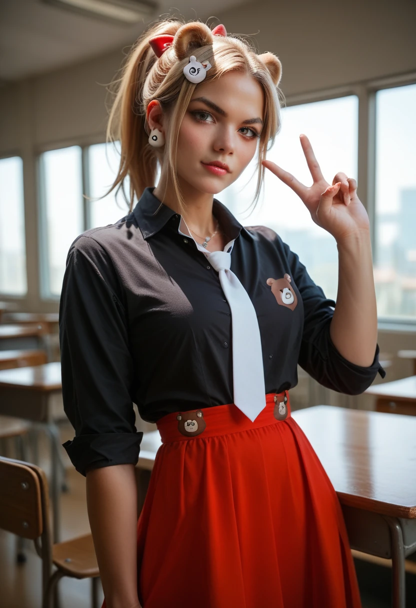 1 girl, , European appearance, high school, I look at the viewer, standing, [ponytail, bear hair ornament, V-shaped eyebrows, 13 years, black shirt, White tie, red bow, sleeves rolled up, Red dress, NECKLACE, clavicle, split, very real photo, эпичное наstandingщее фото, whole body, black tights, blonde hair, Beautiful legs, black high platform shoes, leaned over the table, side view, 