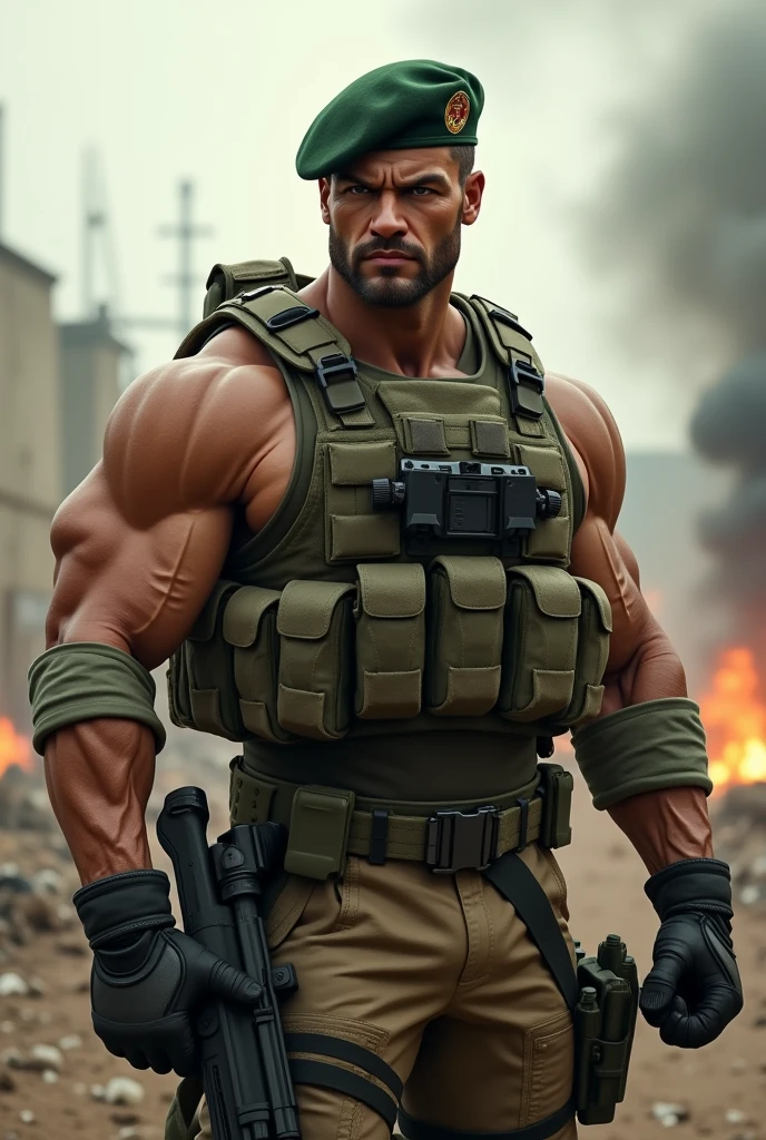 A very handsome big muscular man wearing a soldier combar uniform, with tactical gloves and spec ops green beret, rolled up sleeves, showing biceps, background a battlefield