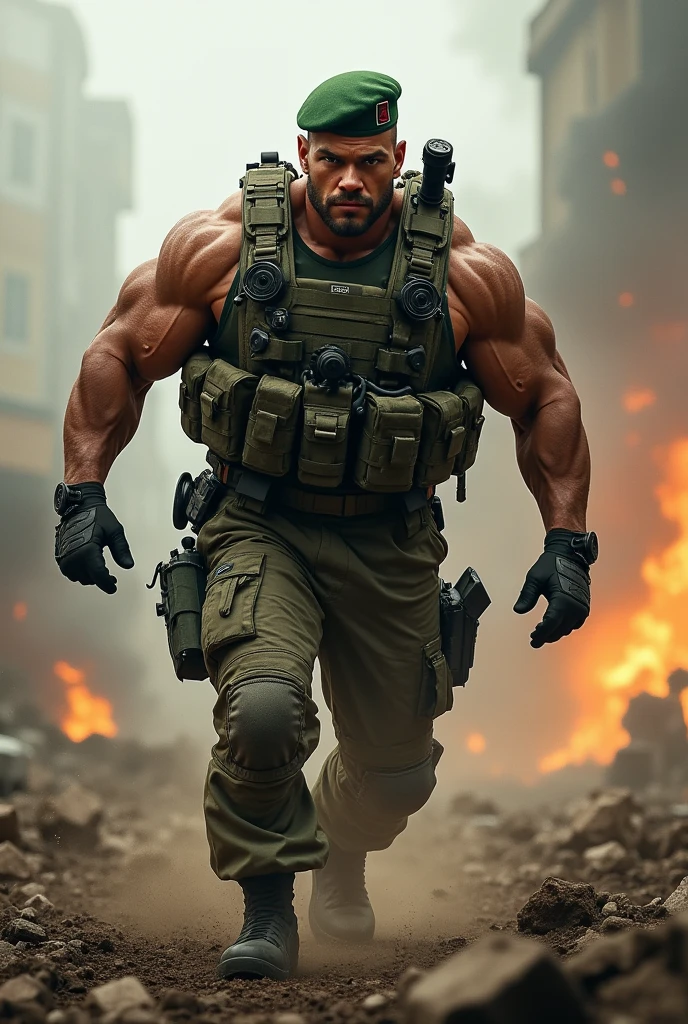 A very handsome big muscular man wearing a soldier combar uniform, with tactical gloves and spec ops green beret, rolled up sleeves, showing biceps, background a battlefield