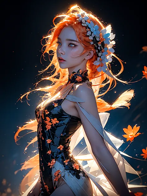 full body, backlit, chic fashion editorial, floral, body silhouette light, backlit silhouette silhouette((light orange hair)) (f...