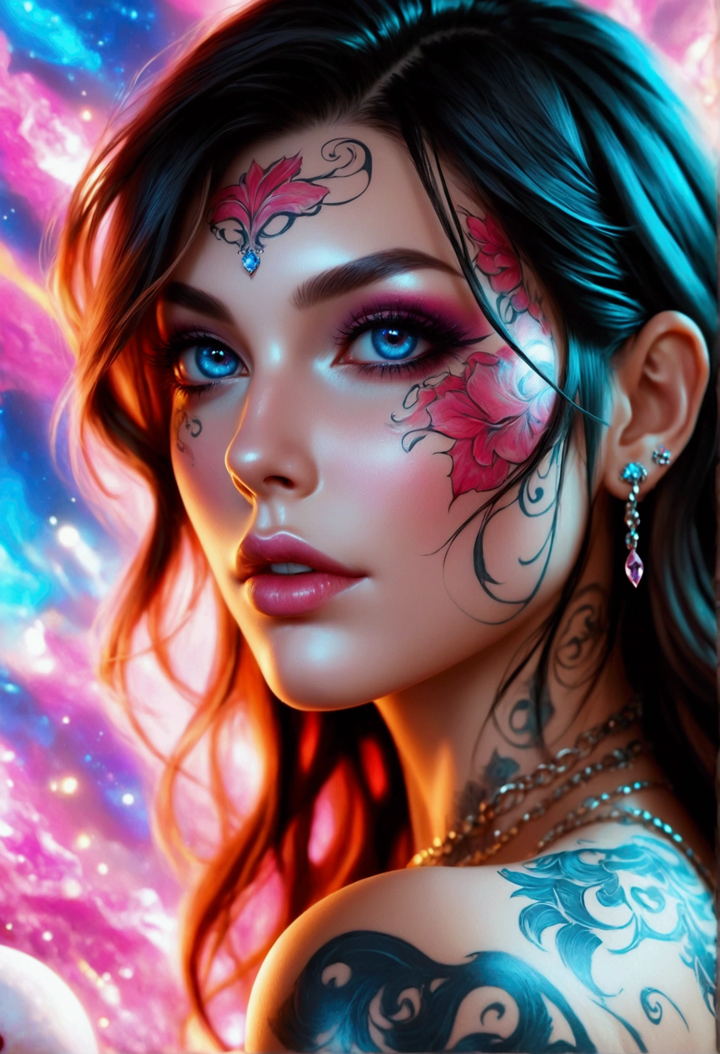 beautiful digital artwork, beautiful digital art, detailed beautiful face, 8k high quality oled detailed art, very beautiful digital art, digital art. highly detailed, beautiful detailed body, Create a hyper detailed photograph of a perfectly simetrical tattooed curved drop dead gorgeous aerith gainsborough, Stunningly perfect gorgeous feminine face, bold, dramatic eyes, Eye Makeup bold, dramatic eyes, smudging, layering, and blending to dramatic, detailed vibrant neon sapphire eyes, very long hair, Focus on Skin A smooth even base is essential Makeup primers foundations and concealers Highlighting and Contouring to achieve a flawless canvas natural-looking, radiant glow, Gentle facial curves, Fuller cheek bones, Smaller and wider-set eyes, Less pronounced jawline, Symmetry perfection Proportion facial features, sexual curved heart shaped mouth, long beautiful tattooed legs, beautiful tattooed arms, perfect feminine curved body figure, detailed silky smooth skin, gigantic huge breasts, perfect heart shaped ass, beautiful long tattooed legs, Wearing shell micro armor chain Jewels,