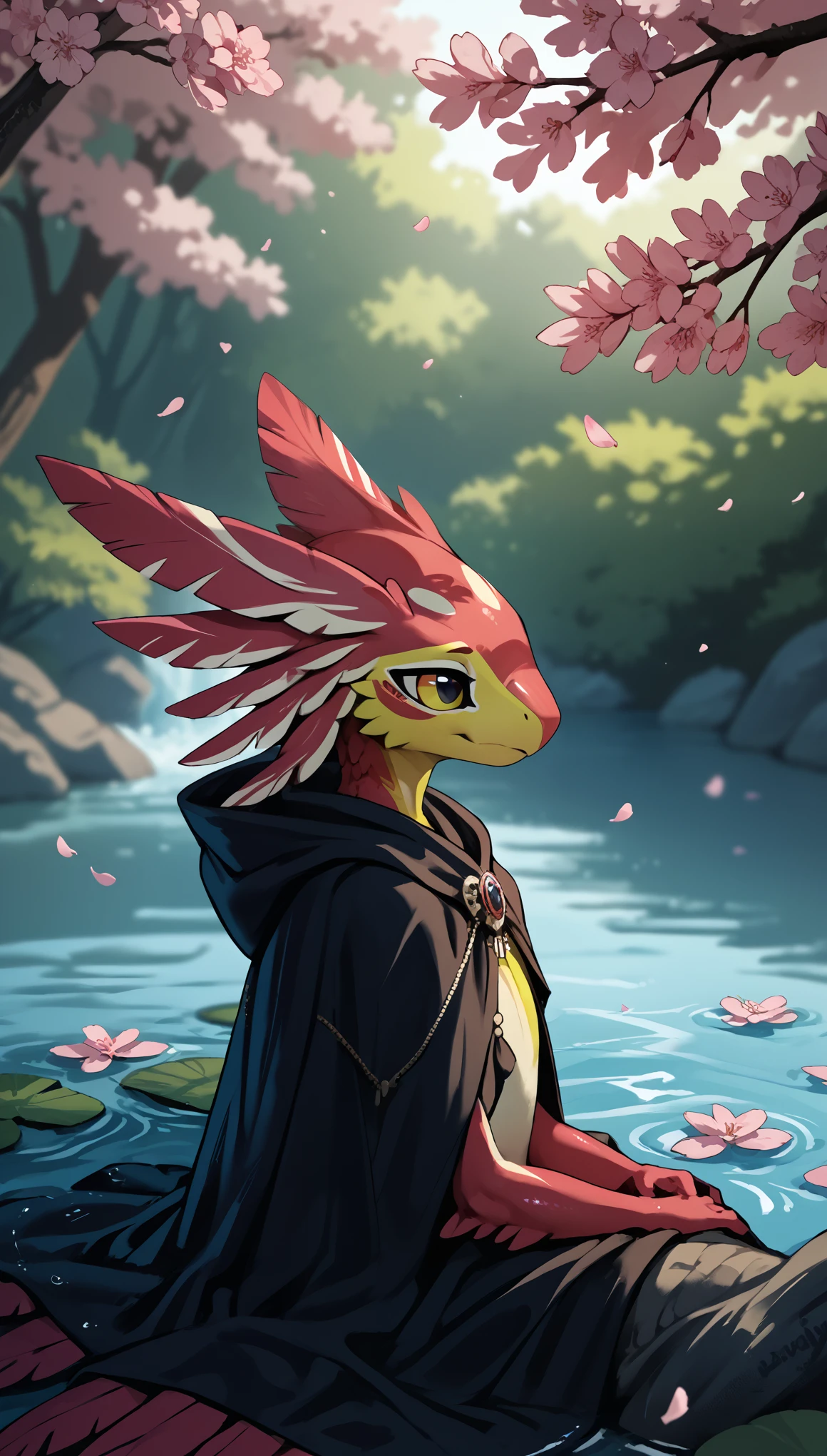 (zPDXL2), (PonyXLV6_Scores), source_anime, source_anthro, source_furry, Expressiveh, solo, 

solo (avali:1.3), multicolored feathers, three-quarter view, portrait, blep, depth of field, cloak, cherry blossom, nature, water, morning,
