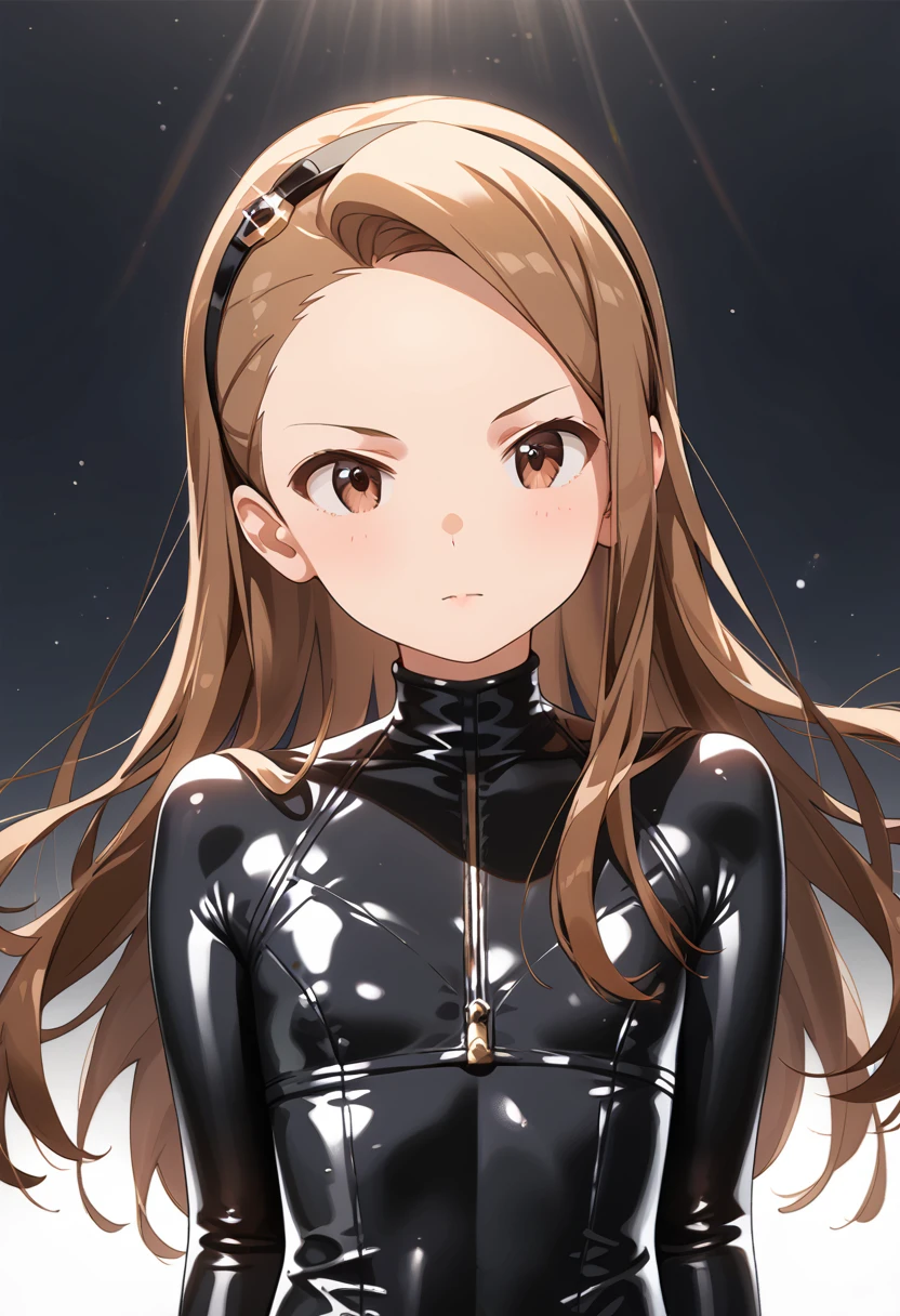 mnsior, petite, longhair, brown hair, forehead, brown eyes, hairband, 6yo,flat chest,score_9, score_8_up, score_7_up, source_anime,,looking viewer,,(black latex bodysuits,shiny body)