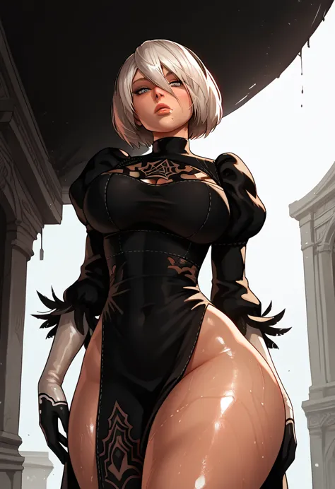 expressiveh, yorha 2b, nier automata, from behind looking at viewer, huge ass, cold stare, sexy, huge breasts,score_9, score_8_u...