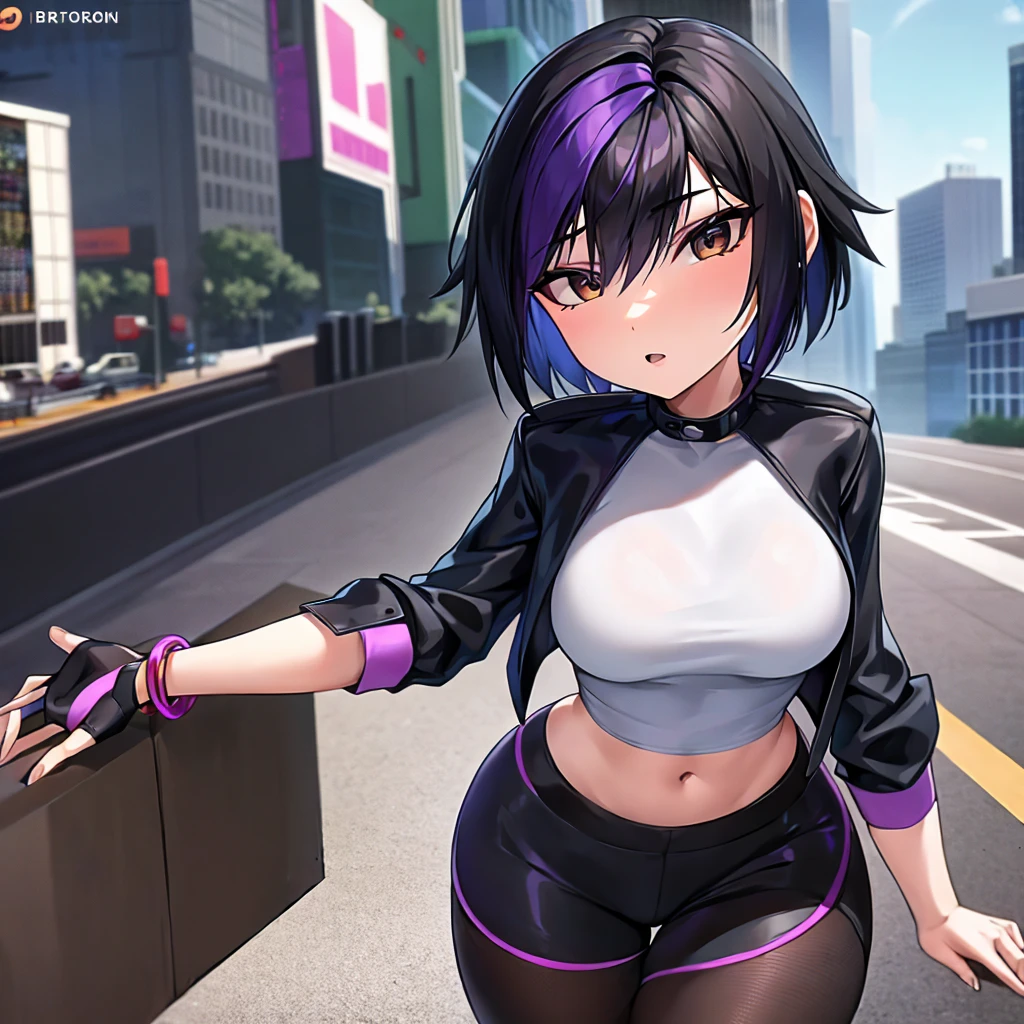 score_9, score_8_up, score_7_up, BREAK,gogotomago, 1girl, solo, short hair, black hair, jewelry, jacket, lo purple hair, shorts, bracelet, makeup, casual, cropped jacket, leggings, sleeves pushed up, capri pants, black leggings, cowboy shot, brown eyes, looking at the viewer, medium breasts,outdoors,city,