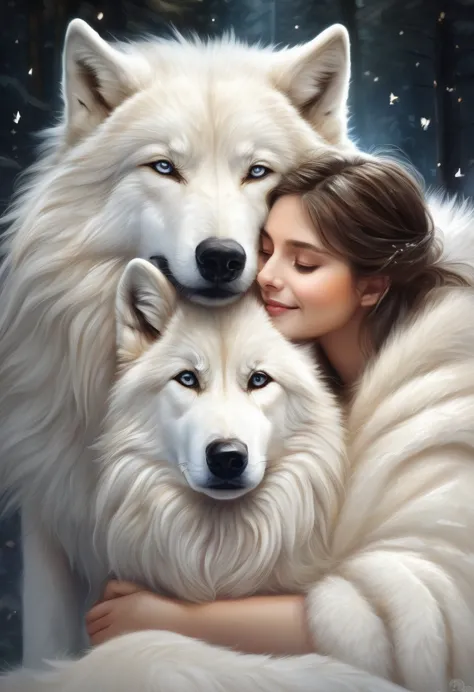 (masterpiece:1.2, Highest quality:1.2, ), 16K, Super detailed, masterpiece, Highest quality, White Wolf, Human Child, beautiful white body hair, Realistic fur shine, Eyes shining gold, Whole body 1.5, ((Lying down:1.5, Children snuggle up:1.5, Drawn composition:1.1))