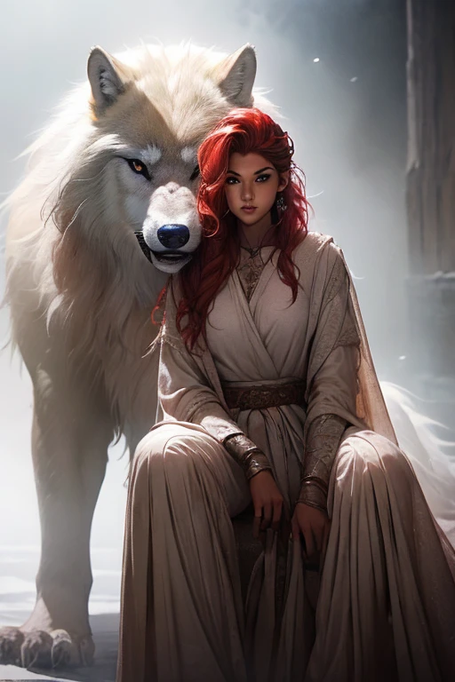 top quality、realistic、、scale、、cute and beautiful robber girl 、light gray eyes、red hair hair pulled back into a ponytail、, thick eyebrows, tanned skin、 dark skin、((dressed in light leather elven armor:1,6))、Elven bow on his back、((Sits astride a white fighting wolf :1,6)), full length shot、 on the edge of an old oak grove