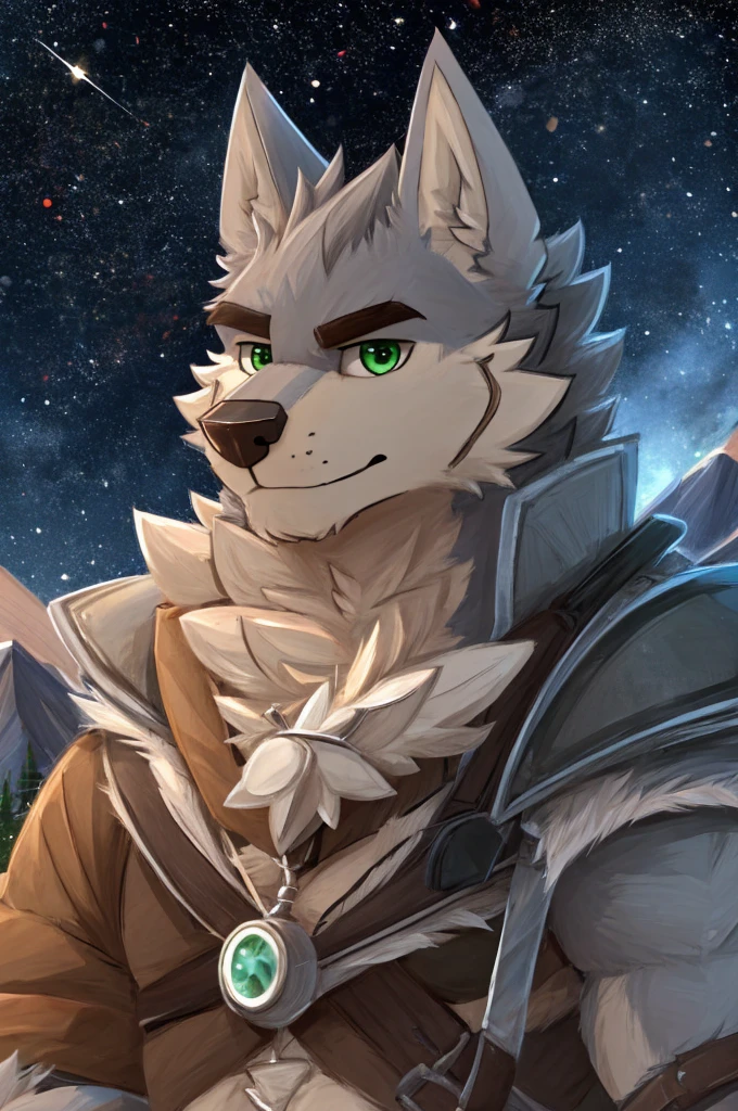 (great quality), lobo, alone, detailed face, detailed body, 5 fingers, Detailed hands, green eyes, detailed eyes, short hair, 2 arms, whole body, ((creative pose to draw it)), to the screen,((image for circular profile picture)), ((starry background)), por pache riggs