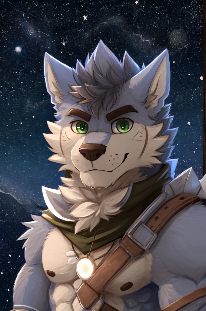 (great quality), lobo, alone, detailed face, detailed body, 5 fingers, Detailed hands, green eyes, detailed eyes, short hair, 2 arms, whole body, ((creative pose to draw it)), to the screen,((image for circular profile picture)), ((starry background)), por pache riggs