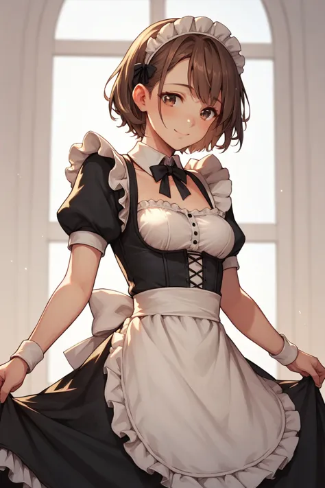 woman, alone, human, brown hair, short hair, smile, blush, brown eyes, medium breast, sexy maid outfit, maid&#39;s headdress, bl...