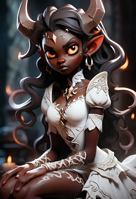 "a beautiful dark skin with lighting scars succubus child as death bride in a seductive pose, wearing white bride lace transpare...