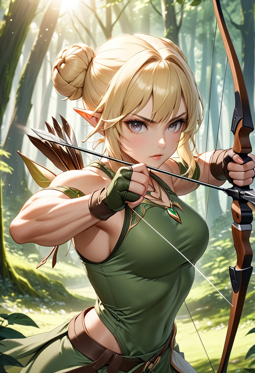 Ultra Quality, Extremely Detailed, High Resolution, Woman, (1girl), medium shot, Elven Archer, focused eyes, white eyes, blonde hair, bun, forest, warm sunlight, dressed as Elven Archer, nature necklace, fingerless gloves, athletic body, lean muscles, fighting stance, aiming with a bow, old beautiful elven bow, magic arrow