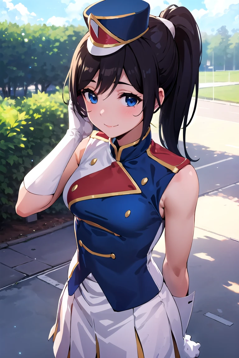 1girl, sunfes, uniform,  small mini shako cap, kasaki nozomi, ponytail,  blue eyes, smile, small breasts,