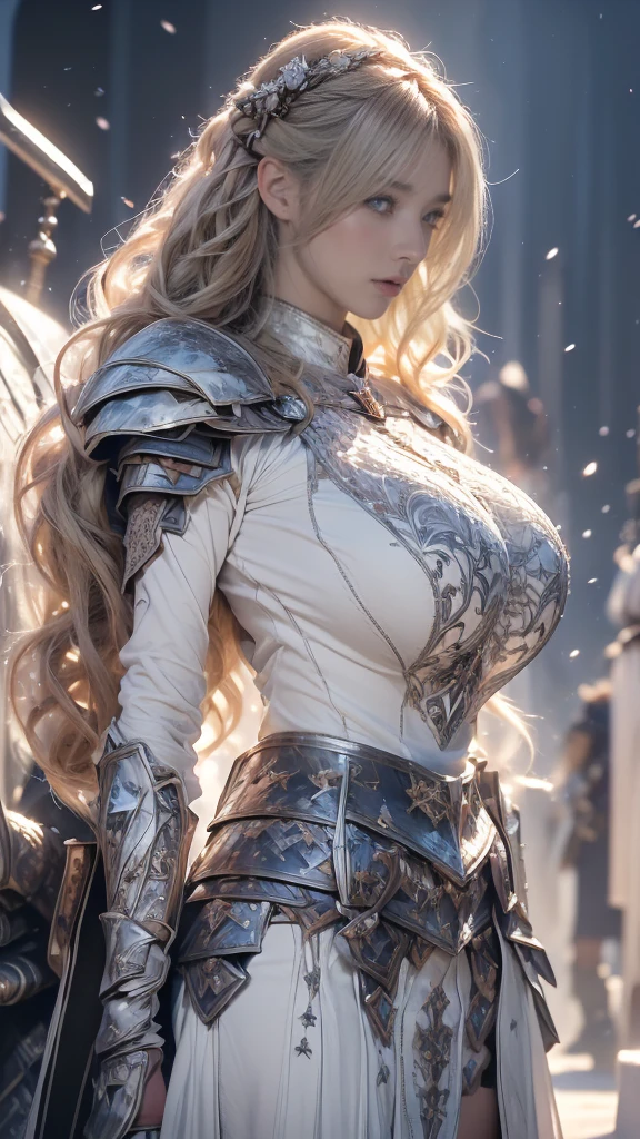 Elegant Armor, blue eyes, blonde, 30-year-old woman, masterpiece，The best quality in the best condition，High resolution，8k，((Portraiture))，(Upper Body)，Original photo，Actual Photos，Digital photography,blue eyes， Super huge breasts, Extravagant decoration of pointy huge breasts，I parted my lips，Makes your lips look more attractive and glamorous，((Toned body))，(Medieval Armor，Beautiful big pointy breasts, Tight waist )，16K resolution, Canon EOS R5, 50mm,( Rendering Reflection Texture, Sexy Style, Sexy Big , Medieval castle background, The body is slim, ((White and silver long sleeve dress.)) , ((Gorgeous mini skirt))、 Looking into the camera、Very beautiful woman、Slender women、(Detailed face)、Realistic Skin、((Holy Knight)), ((Pearl White Armor))、((((Highly detailed and intricately decorated black armor:1.1))))、((Delicate photo))，(Girl Astepeace RAW Photo Details:1.25), (Highest quality:1.6), (超High resolution:1.5), (Realistic:1.75), 8k解像度, Canon EOS R5, 50mm, Absurd, Very detailed,Cinema Lighting,((battlefieldfield))、((battlefield))、(((White skirt with embellishments)))、Thigh-high socks、Shingard、((blonde))、((Curly Hair))、((Drill hair))、((Short hair with bangs and wavy hair,))、Get a six pack、Cape、Beautiful Armor、(((Has a huge weapon)))、(In combat)、The wind is blowing、((Symmetrical armor))、((((Blizzard))))、(((Lead a large group of knights:1.2)))、banner、Armor inspired by snow and ice、(((Battle Scenes)))、((Browsing Caution:1.2))、