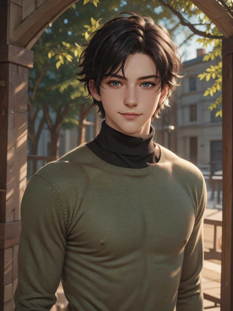 (best quality), 1boy, pale skin, black hair, medium hair, curtain hair, tousled hair, green eyes, perfect eyes, dark circles under eyes, handsome, light smile, attractive, turtleneck sweater, masterpiece, anatomically correct, highres
