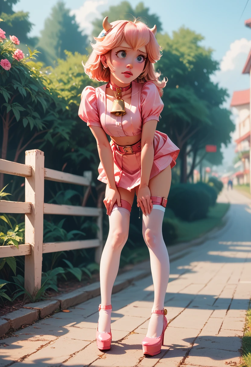 peach in chastitiy belt, dripping, embarrassed, skirt lift, outside, choker, female, bending over, white stockings, pink heels, cowbell