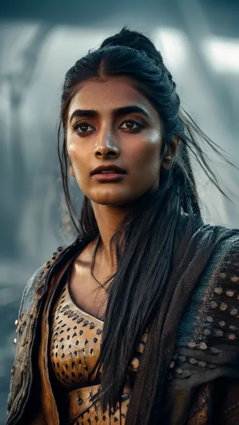 photo of  ( pooja hegde ) in hellblade: senua's sacrifice, emerging from black mud, long hair, war blue paint, paint fading, ang...