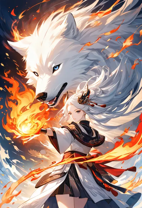 digital art、poster design、onmyoji、the white wolf that controls the flames,fire effect、cool depiction、#magic