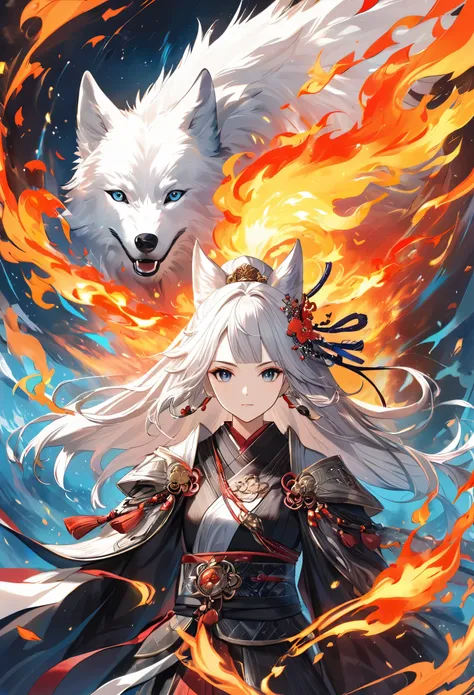 digital art、poster design、onmyoji、the white wolf that controls the flames,fire effect、cool depiction、#magic,close up of a girl