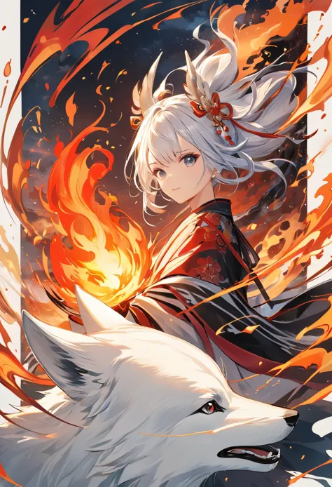 dough, thick paint, digital art, poster design, onmyoji, white wolf that controls fire, fire effects, cool depiction, #magic, cl...