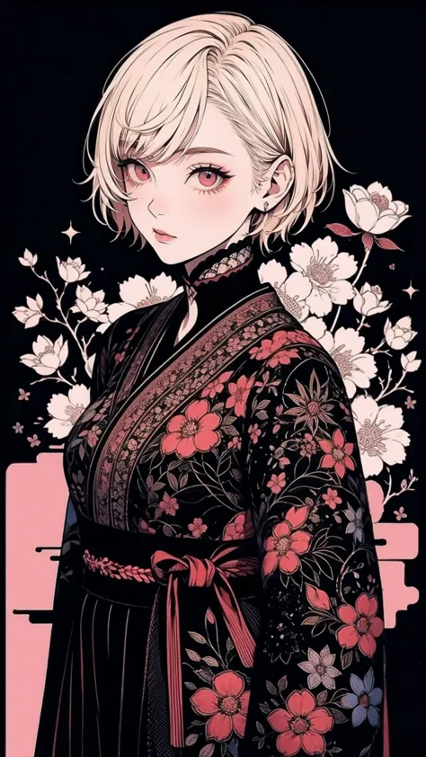 a woman standing in the darkness, asymmetrical short blonde hair, japanese pattern goth fashion, colorful floral background, abs...