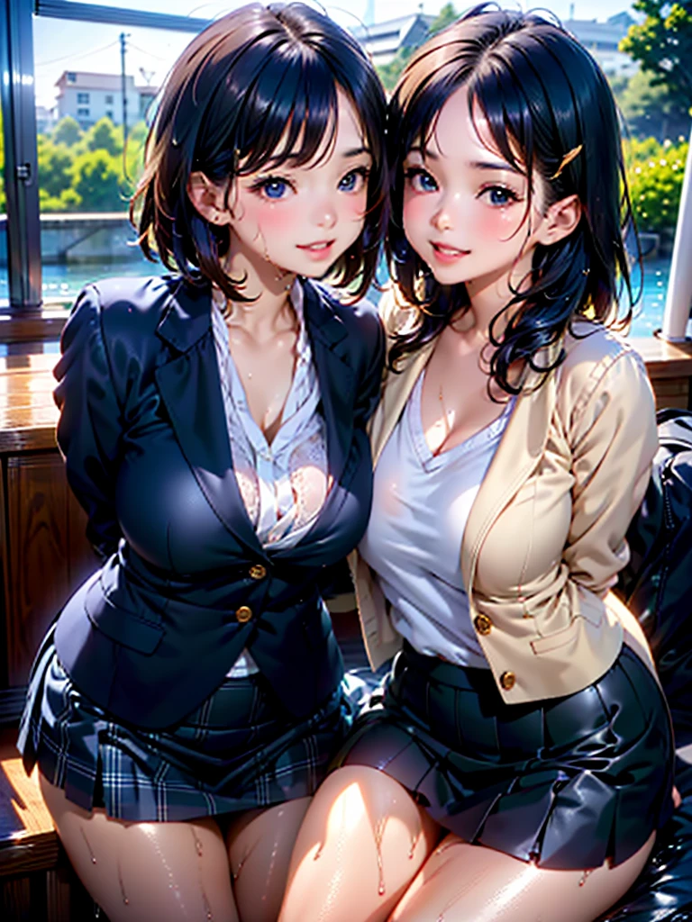 (masterpiece:1.2, Highest quality), Very detailed, (Realistic, photoRealistic:1.4), Beautiful illustrations, (Natural Side Lighting, Cinema Lighting), Written boundary depth, ((Two women are hugging and their cheeks are close together.))､(Schoolgirl uniform)､Beautiful and precise hair, Beautiful Face,((Sensual look))､ Beautiful attention to detail, Beautiful clavicle, Beautiful body, Beautiful breasts, Beautiful thighs, Beautiful feet, Beautiful fingers, Perfect Style, ((My whole body is wet and shiny:1.3))､ Perfect Face, Cute and symmetrical face, ((The woman on the left has black hair.､Short Bob, White and navy blue sailor suit)､Navy blue mini skirt), ((The woman on the right has short blonde hair.､Blazer uniform､Tartan check mini skirt)), blue eyes, Long eyelashes, (Small breasts), Glowing Skin, with a park in the background, (Composition from the front), (Cute Smile, Upward glance),(blush､An innocent smile)､