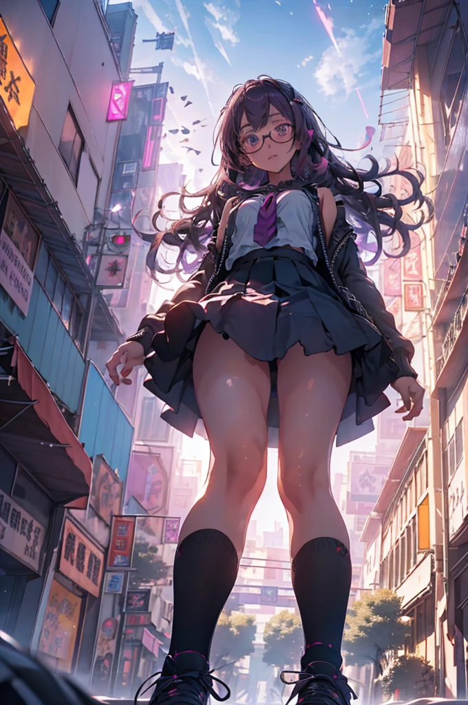 Shooting from below, break, Dystopian city with pink and purple neon signs and holograms projected onto buildings and in the sky, break, Beautiful slim figure, lipstick, Purple glasses, Long Red Hair, Twin Blade, Short skirt, break, night, Cyberpunk aesthetic, 非常にdetailedな照明, dramatic, 8k, High definition, Skin Texture, リアルなSkin Texture, armor, Highest quality, 超High resolution, Realistic, High resolution, detailed, RAW Photos, break, Realistic anatomy, goddess, G String, Knee socks, Full Body Shot, Feet close-up, Worst camera angle, 4K