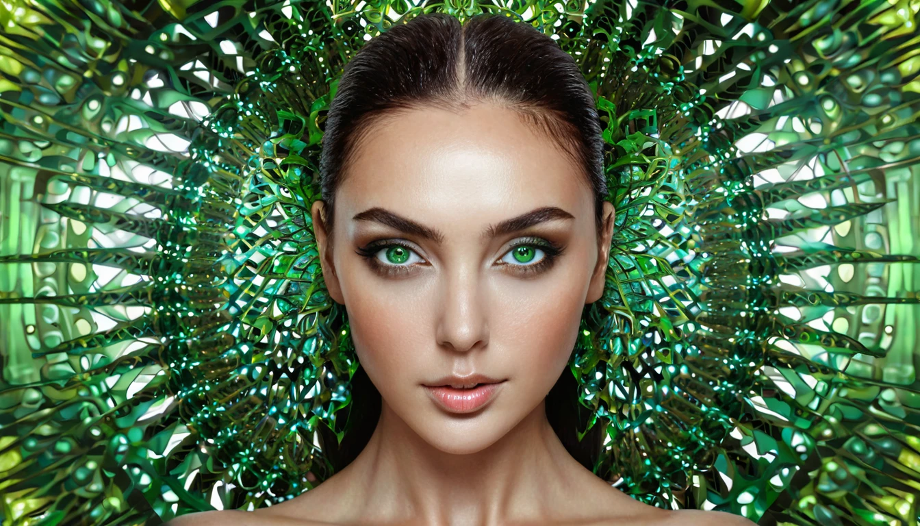 an exotic woman with green eyes, stunning digital art, complicated digital art, 3 d digital art, 3d digital art, complicated digital artwork, Advanced 3D digital art, amazing detailed digital art, digital complicated art, Detailed 3D digital art, amazing digital art, 4k symmetrical portrait, 4k symmetrical portrait