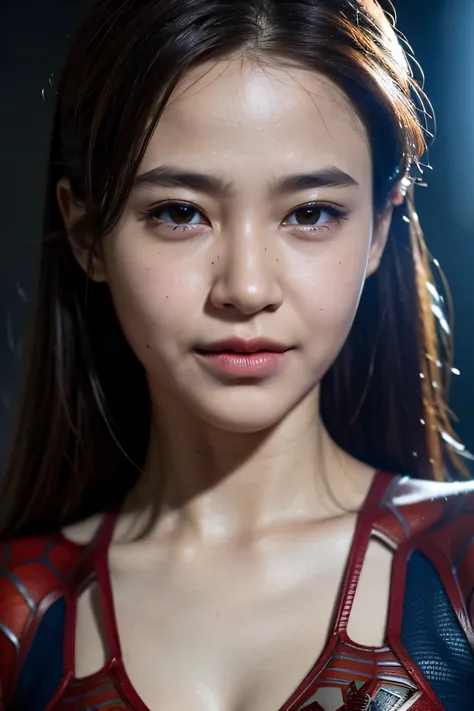 closeup photo portrait of female spiderman, atmospheric scene, masterpiece, best quality, (detailed beautiful face, detail skin ...