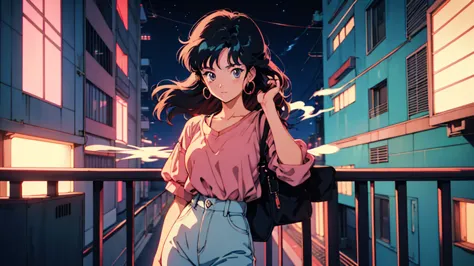 anime girl on retro balcony, anime atmosphere of the 80s, 80s anime style, retro anime girl, 1980's anime style, retro anime ima...