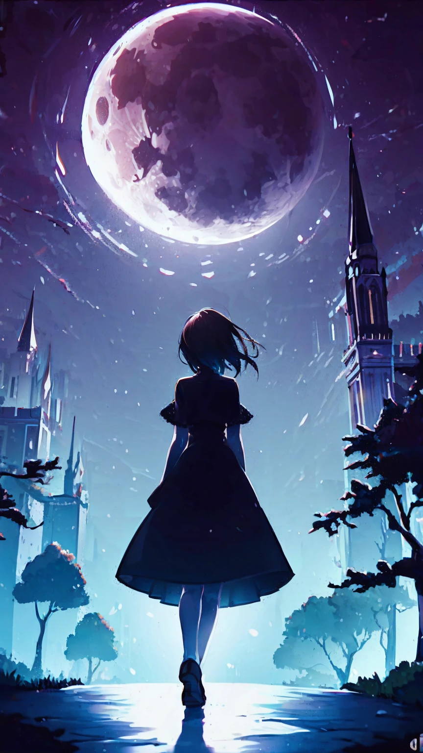 A dark-haired girl walking through a castle garden on a full moon night