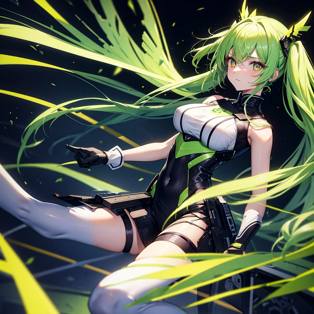 傑Pastel green long twin tails, Yellow Eyes, Long Bangs, Making anime，Highest quality, Highly detailed face，Straight hair, {{{Large mechanical wings spread on both sides.}}}, （pastel colour：1.2，Dark studio，Edge Light，Two-tone lighting，that&#39;dim，base，),Combat cyborg, {{{{{bangs that cover one eye}}}}}, {{{{{Woman illustration}}}}}, 8K quality, Highest quality, masterpiece, Kind woman, Dark atmosphere, Pastel green long twin tails, Yellow Eyes, Long Bangs, A scene from a science fiction movie,Cyborg Woman, A full-body green armor, {{{{{Wearing a pastel green mech suit}}}}}, Sadistic smile, Against a backdrop of an elaborate mechanical city、Details of a ruined future city, Smiling Kindly, 7 Head to Body, Shut your mouth.,Proud face, Detailed Background,Maximum details,Full body illustration, Has a beam weapon, Phantasy Star Online,Narrow eyes,30 years old, In combat,White Long Boots, avert your eyes, White cape from the waist,{{{Asymmetrical hairstyle}}},