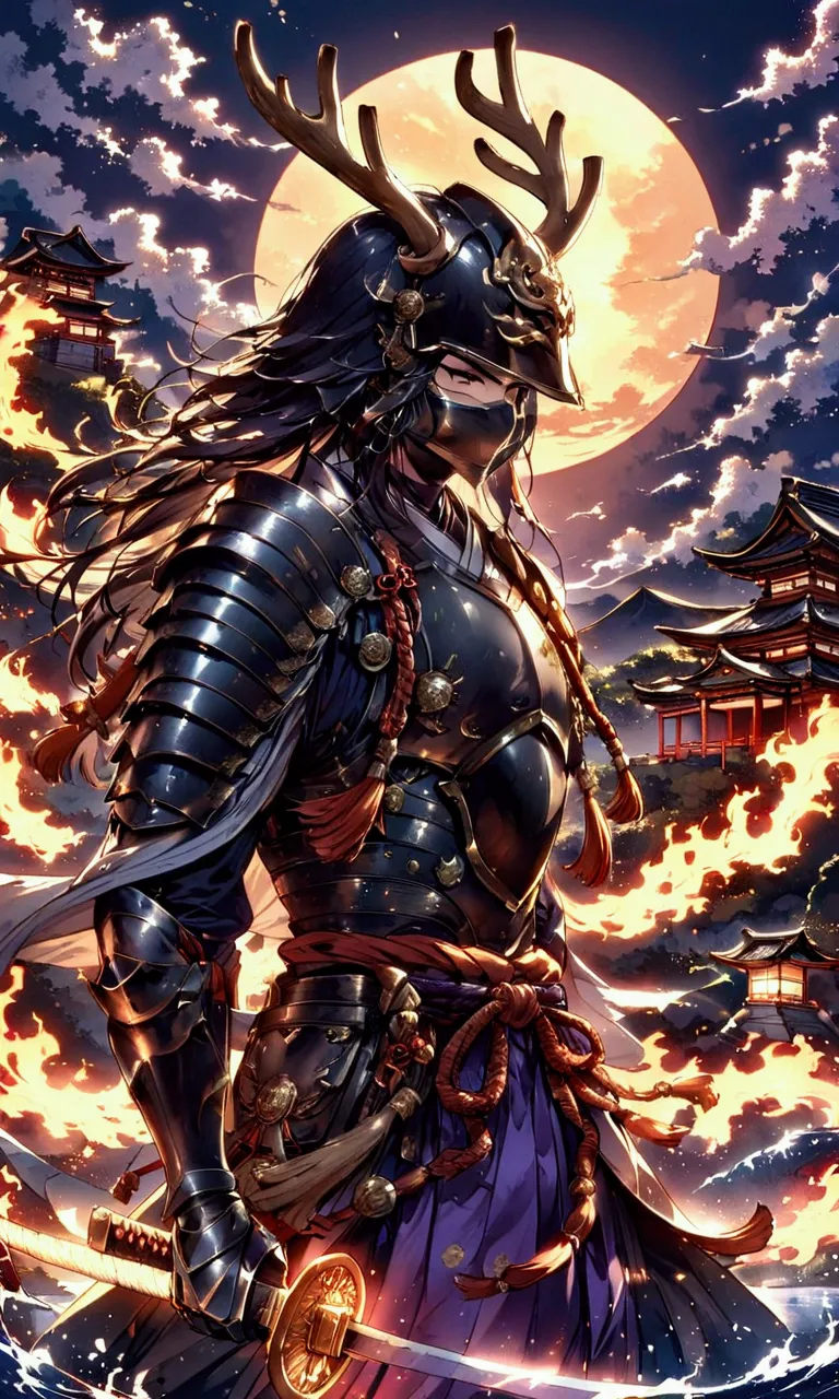 a mighty samurai stands tall at twilight, his silhouette framed by the soft orange and purple hues of the setting sun. in his ha...