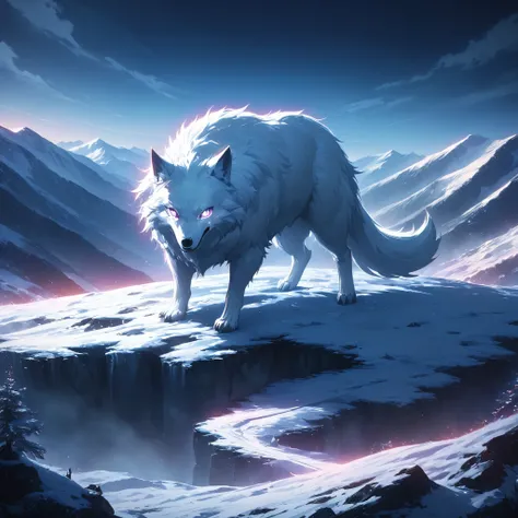 A white wolf alone on a snowy mountain, Sharp Eye, Detailed fur, Shining Eyes, Snowy landscape, Cinematic lighting, Dramatic Shadows,  (Highest quality, 4K, 8k, High resolution, masterpiece:1.2), Super detailed, (Beautiful CG illustrations:1.2, Cute anime style, 劇的なatmosphere, High contrast, Cold colors, Chiaroscuro), Dramatic lighting, atmosphere, Epic Scale, Dramatic pose.