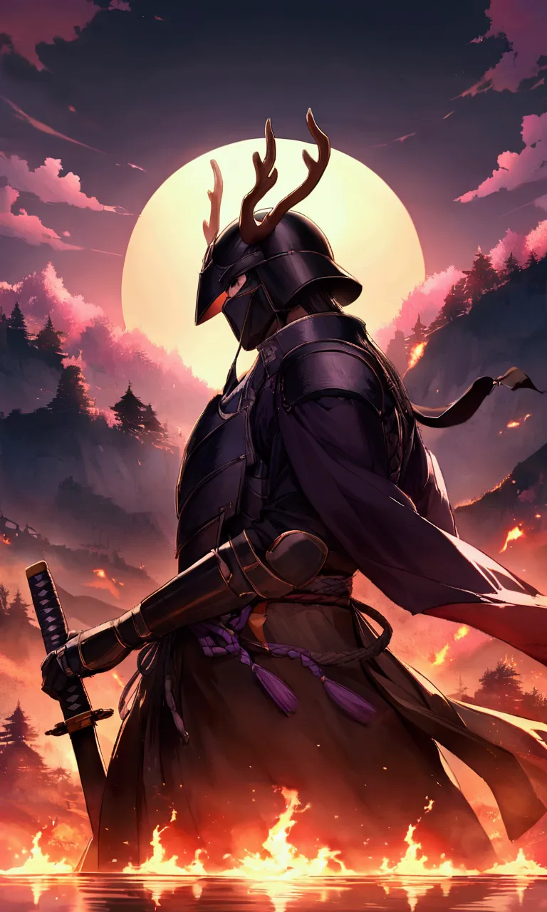 a mighty samurai stands tall at twilight, his silhouette framed by the soft orange and purple hues of the setting sun. in his ha...