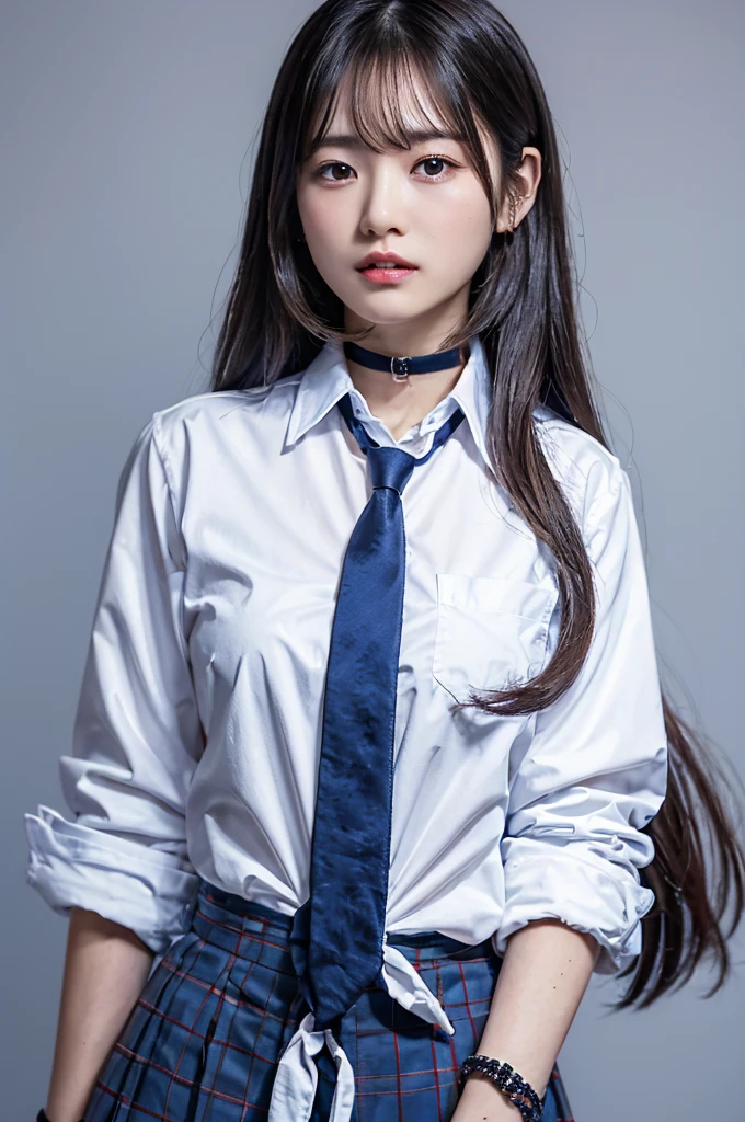 Japanese high school beauty、Japanese Uniform(White collared buttoned blouse、Navy Blue Skirt、Red tie、Navy blue cardigan)、Long Black Hair、Puffy、Clear skin、Sexy thighs、Great style、Full body shot