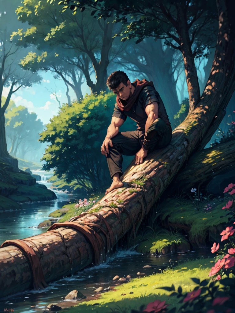 Guts of Berserk, sitting on the ground with his back resting against a tree trunk , jaded, Expression of exhaustion, enjoying the forest landscape, with streams, beautiful sky, trees and flowers, 4K, cores dark