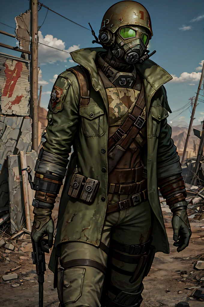 A male soldier, of a post apocalyptic future, a soldier of a post apocalyptic government, fallout style.