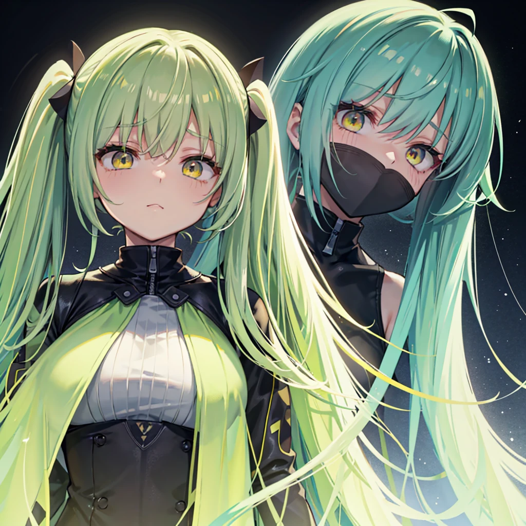 Bangs covering the eyes, 傑Pastel green long twin tails, Yellow Eyes, Long Bangs, Making anime，Highest quality, Highly detailed face，Straight hair, {{{Large mechanical wings spread on both sides.}}}, （pastel colour：1.2，Dark studio，Edge Light，Two-tone lighting，that&#39;dim，base，),Combat cyborg, {{{{{bangs that cover one eye}}}}}, {{{{{Woman illustration}}}}}, 8K quality, Highest quality, masterpiece, Kind woman, Dark atmosphere, Pastel green long twin tails, Yellow Eyes, Long Bangs, A scene from a science fiction movie,Cyborg Woman, A full-body green armor, {{{{{Wearing a pastel green mech suit}}}}}, Sadistic smile, Against a backdrop of an elaborate mechanical city、Details of a ruined future city, Smiling Kindly, 7 Head to Body, Shut your mouth.,Proud face, Detailed Background,Maximum details,Full body illustration, Has a beam weapon, Phantasy Star Online,Narrow eyes,30 years old, In combat,White Long Boots, avert your eyes, White cape from the waist,{{{Asymmetrical hairstyle}}},