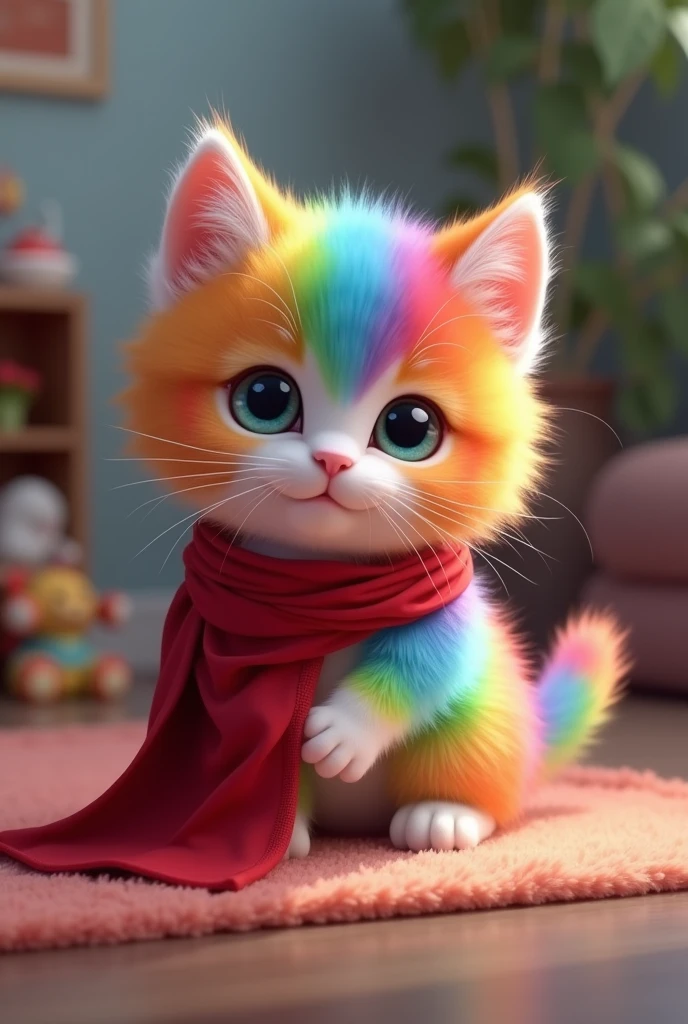 colorful、Fluffy cat，Baby Cat、very cute，，Mofumofu、Mofumofu、Ultimate HD image quality、Ultra-high resolution、Attention to detail、Highest quality、Seven Colors、Rainbow colors, clumsily tangled in a small red cape. The cape is wrapped around his body awkwardly, with his face peeking out comically. The background shows the living room, with toys scattered around.

