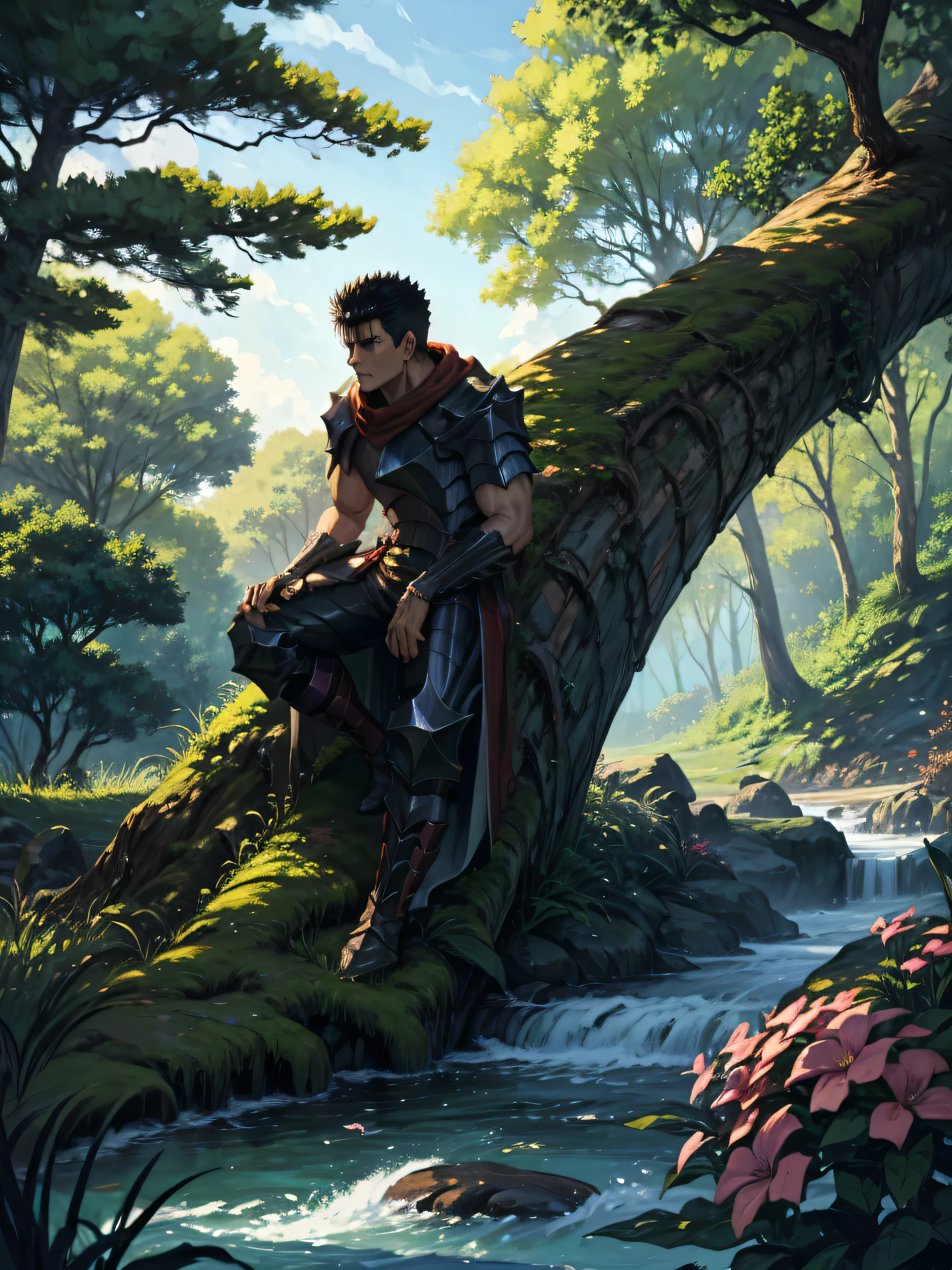 Guts of Berserk, sitting on the ground with his back resting against a tree trunk , Sua espada "Dragon slayer" leaning on your side, jaded, Expression of exhaustion, enjoying the forest landscape, with streams, beautiful sky, trees and flowers, 4K, cores dark