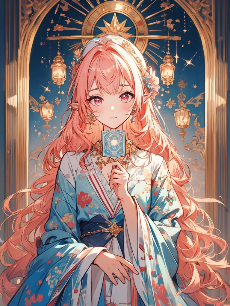 (masterpiece, ultra quality, official art, beautiful and aesthetic:1.2), (1lady), anatomically correct, colorful, ultra highres, unity 8k wallpaper, ultra detailed, pretty, (mandala), divine light, gold foil art, sparkling paintings, long pointy ears, pink eyes, pink hair, iridescent dress, jeweled necklace, view audience, (upper body), tarotcard, (arms up), (hands out of frame:1.3),(cowboy shot), impressionism,