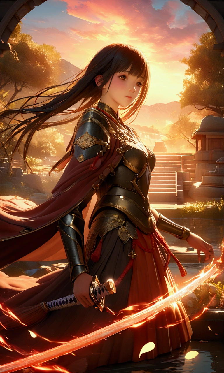 Rendered in stunning 3D Blender with Unreal Engine, this hyper-detailed, photorealistic scene draws inspiration from the animation style of ‘Your Name’. A powerful samurai, with animated features reminiscent of that film’s soft yet vibrant aesthetic, stands firmly in a beautifully crafted twilight landscape. His burning katana blazes with ethereal, lifelike flames, casting a warm, flickering light across his intricately designed armor. Every element is meticulously detailed, from the delicate threads of his ceremonial garb to the weathered texture of his sword’s hilt.

In the background, a traditional Japanese setting unfolds with the magic of twilight: towering mountains silhouetted against a colorful sky, ancient temples glowing softly with lantern light, and cherry blossom petals drifting through the air. The reflections on a nearby pond shimmer with realism, while the surrounding trees, rendered with incredible depth and texture, sway gently in the evening breeze. The atmosphere blends the dreamy, surreal tones of ‘Your Name’ with the realism and emotional depth of modern animation technology, bringing the scene to life in a breathtaking, almost tangible way.