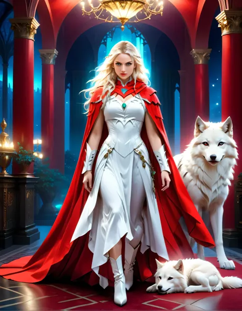 fantasy art, rpg art, ultra wide shot, raw, photorealistic, a picture of woman and her (white: 1.4) wolf pet, the woman,  an exq...