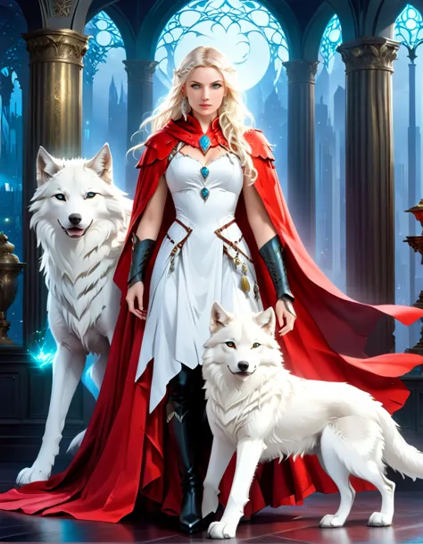 fantasy art, rpg art, ultra wide shot, raw, photorealistic, a picture of woman and her (white: 1.4) wolf pet, the woman,  an exq...