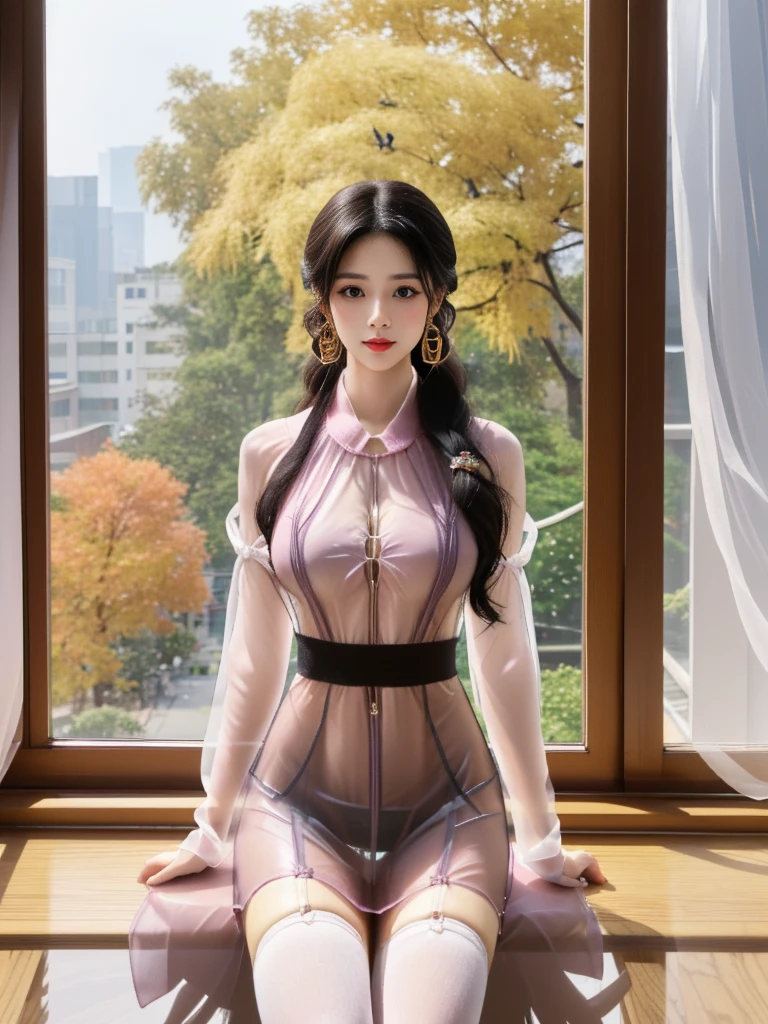 一个有着美丽脸庞的Sexy中国华裔女孩, Wear a transparent men&#39;s shirt, Ultra-fine patent leather bikini underwear,
(((night, by the floor-to-ceiling window, Ginkgo trees in autumn, Faint light))), 
((8K Ultra HD, 8K, Ultra high resolution, best quality, Super Fine, Clear focus. Masterpieces, complete pattern, Ultra HD, Detailed photos, Best image quality，Ultra-clear，Delicate facial features，Well-defined, Highly rated works, Close-up depth of field photography, Above the knee)), 
((Creating the image of a real girl), Realistic shadows, Soft lighting, Dynamic Angle, Dynamic poses, Elegant Posture, Cowboy lens, Full body front view, Be confident, Facing the camera, Eyes looking towards camera lens, Standing posture, Open your legs slightly, Golden Ratio Graphics, Minimalism, Center the character), 
( Smile, Sexy的, Balanced Eyes, Realistic eyes, eyes in beautiful detail,Pretty Face, (Realistic face), Normal facial features, Realistic skin, Attention to skin details, Skin is clean and radiant, Whitening, Anatomically correct body, Golden ratio figure, Sexy的身材), 
(Perfect makeup, Gloves, earrings, bracelet, necklace, Jewelry, Hair accessories, shawl, sock, Knee socks, 吊garter, Leg ring, garter, 腿部garter), 
((beautiful hair), Deep black hair, Wavy curly hairstyle, Waist-length hair, Messy Hairstyle, Gradient hairstyles, Cyberpunk hairstyle, Double high ponytail hairstyle), 
((Transparent clothes: 1.5), (Revealing clothes: 1.5),  (Wet clothes:0.1), (Color of clothes: Dreamy pink), Wear transparent clothing), 
(Sexy的, Perfect breast shape, Teardrop chest shape, Snow-white breasts, very detailed breasts, 36B cups), 
(Super high waist, Deep V, Low-cut, Sexy, Flattering, Open crotch, (Camel toe, High fork strangulation))