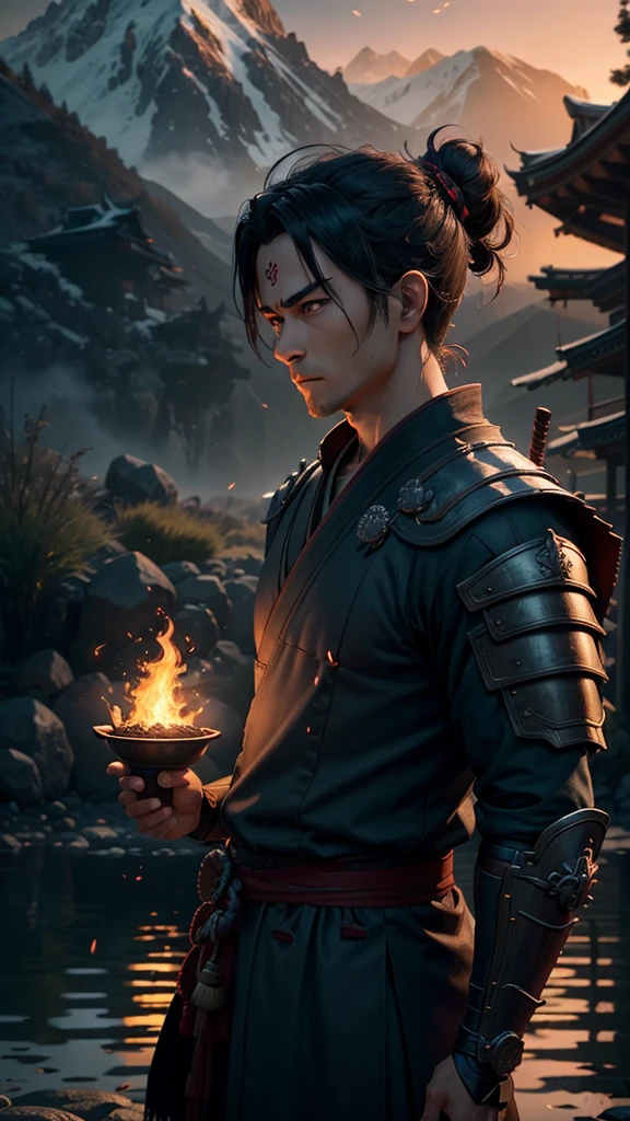 Rendered in stunning 3D Blender with Unreal Engine, this hyper-detailed, photorealistic scene draws inspiration from the animation style of ‘Your Name’. A powerful male samurai stands proudly in the twilight, his strong yet refined facial features visible under his kabuto. His sharp jawline, intense eyes, and determined expression evoke both strength and grace, with subtle, animated nuances giving life to his character. His dark hair, tied back in a traditional topknot, is illuminated by the glowing embers of his burning katana, which he holds with deadly precision.

The scene’s backdrop is a beautifully crafted Japanese landscape: mountains silhouetted against a twilight sky, cherry blossom trees swaying in the breeze, and an ancient temple glowing softly in the distance. The atmosphere captures the soft, vibrant animation style of ‘Your Name’, but with hyper-realistic details, from the textures of his armor to the photorealistic reflections on a nearby pond. The entire scene is brought to life in exquisite 3D, blending the dreamlike beauty of animation with the tactile depth of cutting-edge rendering technology.
