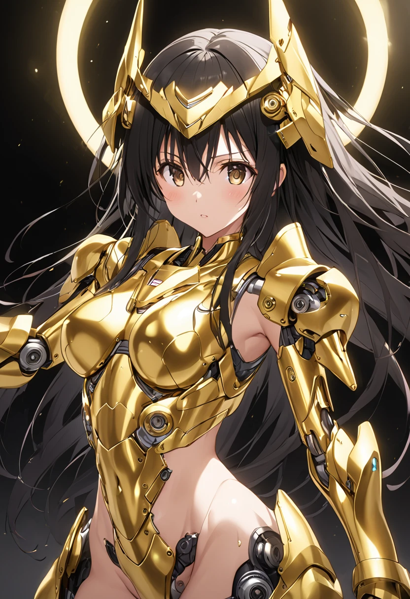 Female combat robot、Shiny gold metal body、yui kotegawa, black hair, brown eyes, long hair,、Feminine body lines、Abdominal complex joint、(((Machine Eyes)))、Luminous skin、Metal armor on the head