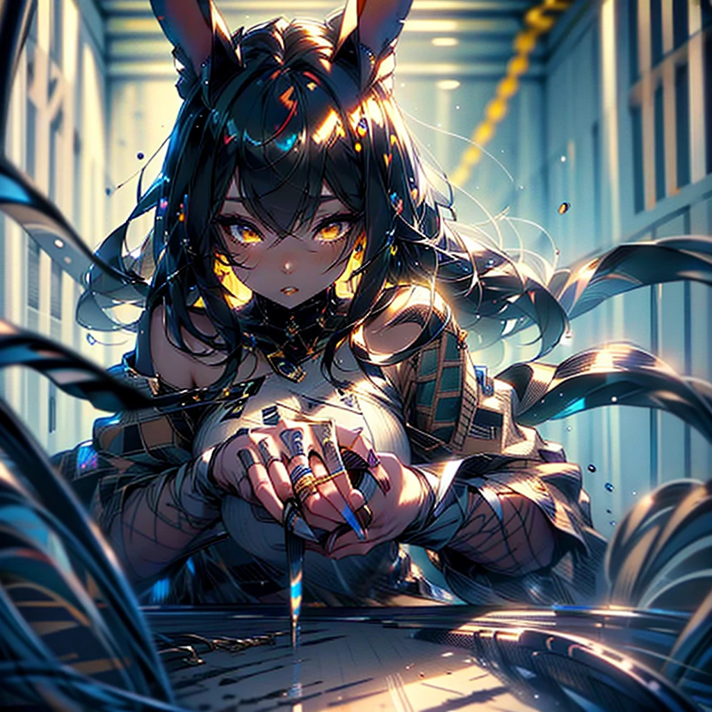 1 , bunny girl, bunny, blushful, looking at the viewer], shorth hair, Bblack hair, bangs between eyes, yellow  eyes, eyes closed, tears, cryin, bunny girl swit, bunny girl, in the jail, Jailed, criminal, prison fund, high resolution, Masterpiece artwork, precise, anatomically correcte, Awarded several times, best qualityer, detail, HD Model, details altos, high qualiy, 品質, super detaill